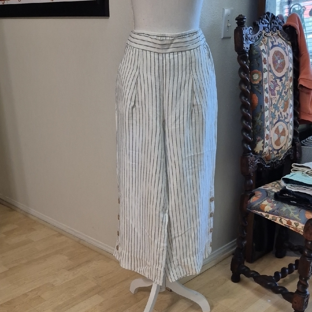 Rachel Zoe Linen & Cotton Ecofriendly Wide Leg White Black Striped Trousers